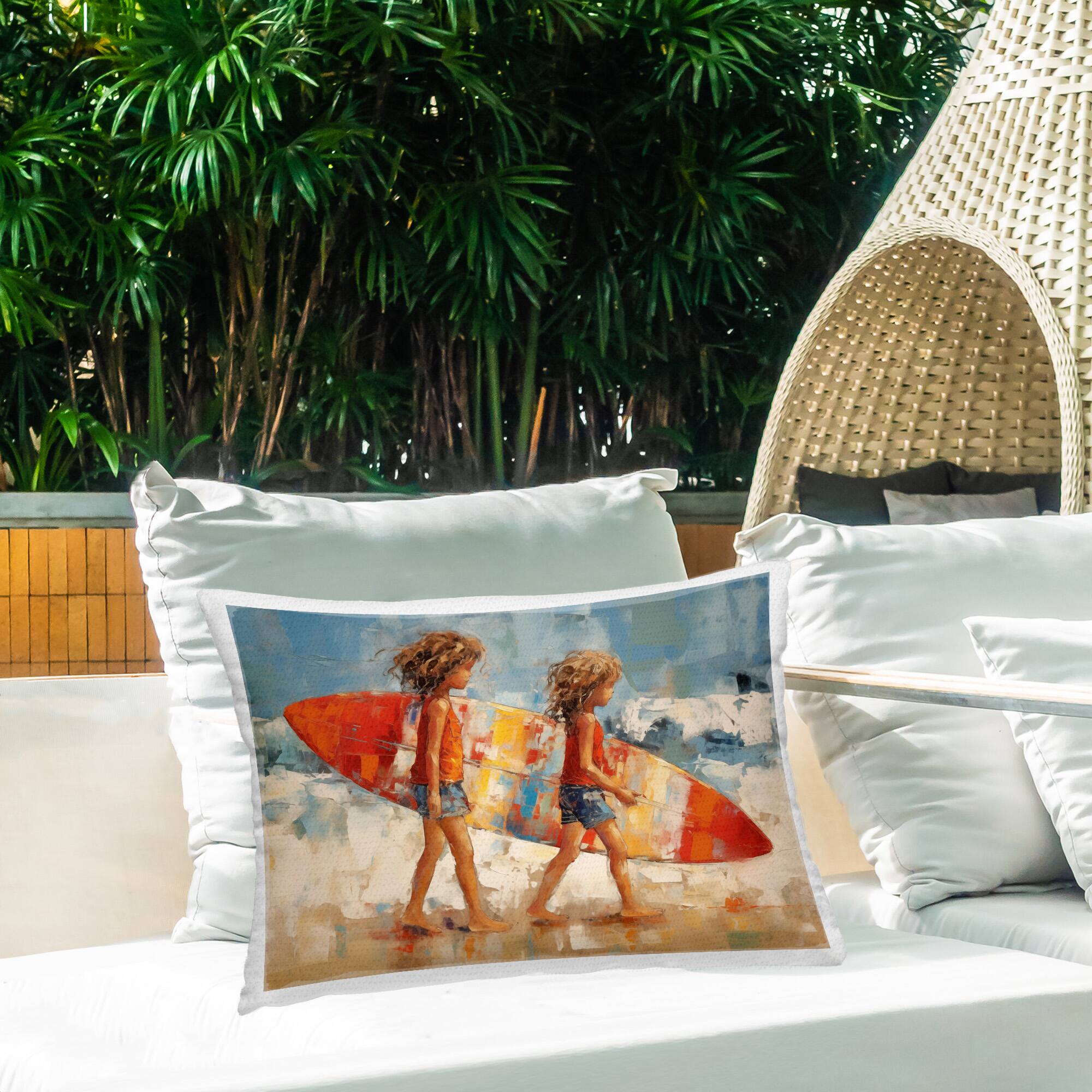 Stupell Industries 14" x 20" Kids with Surfboard Outdoor Print Throw Pillow